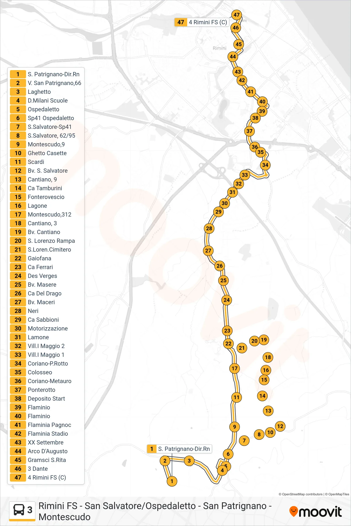 Linea 3 bus (S. Patrignano-Dir.Rn→4 Rimini FS (C)) - Percorsi e fermate sulla mappa