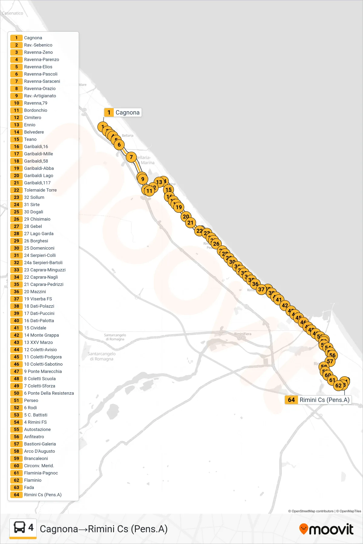 Linea 4  bus (Cagnona‎→Rimini Cs (Pens.A)) - Percorsi e fermate sulla mappa