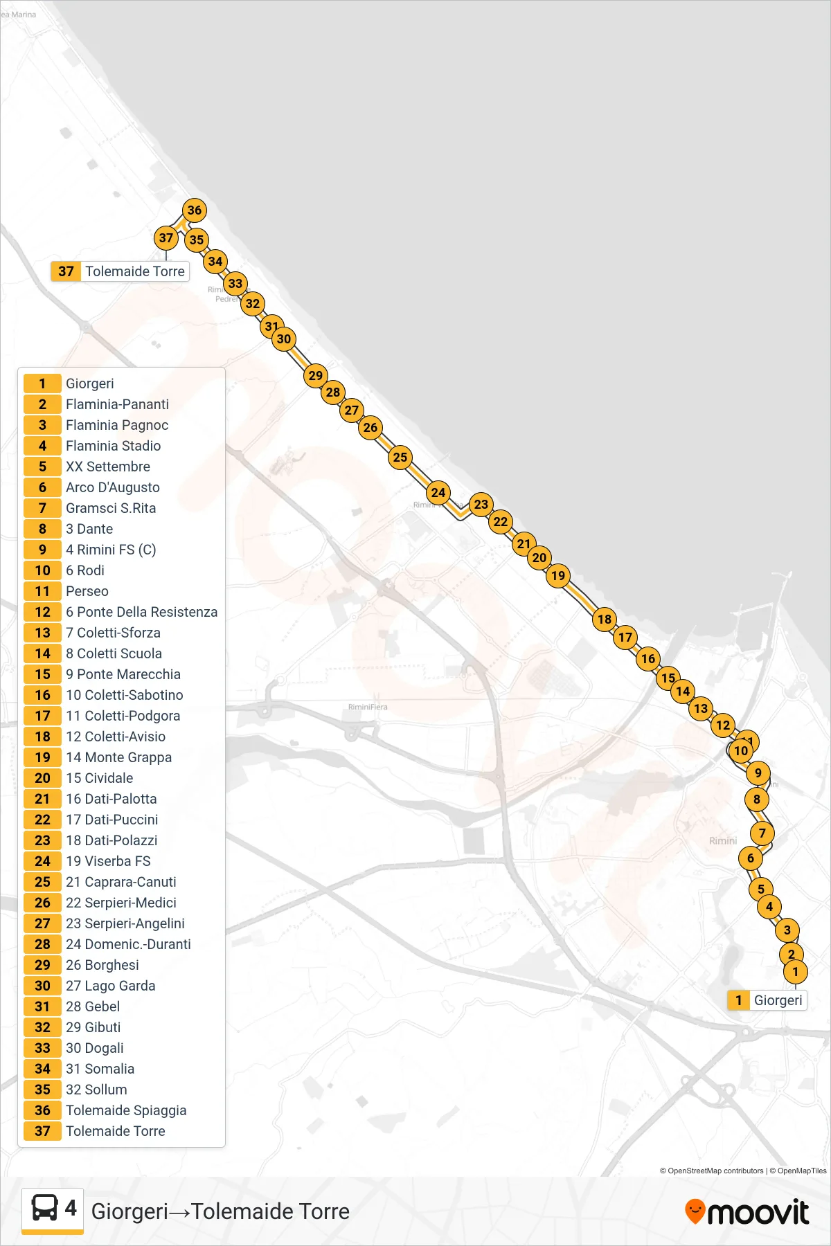 Linea 4 bus (Giorgeri→Tolemaide Torre) - Percorsi e fermate sulla mappa