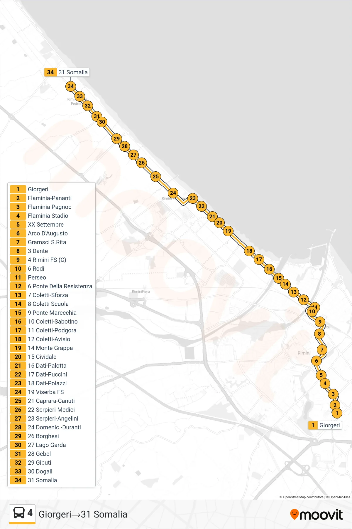 Linea 4 bus (Giorgeri→31 Somalia) - Percorsi e fermate sulla mappa