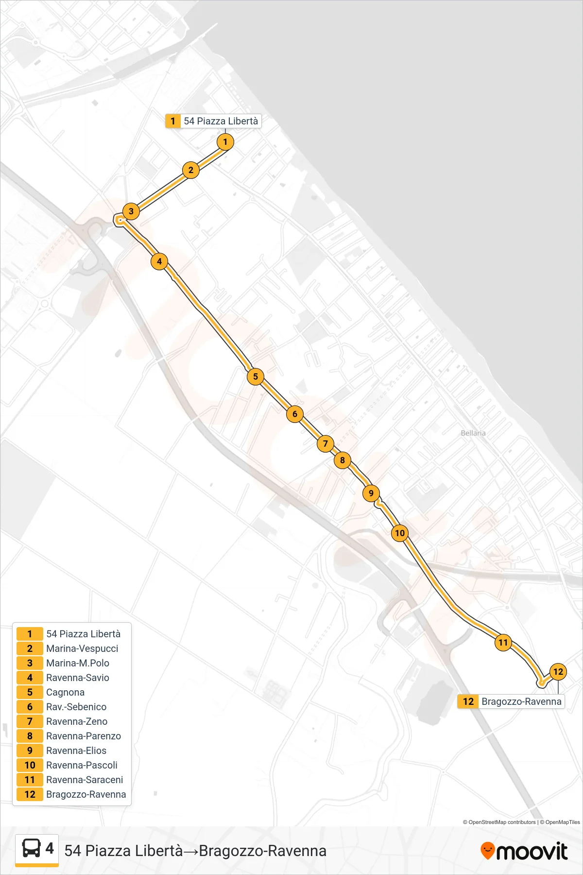 Linea 4  bus (54 Piazza Libertà‎→Bragozzo-Ravenna) - Percorsi e fermate sulla mappa