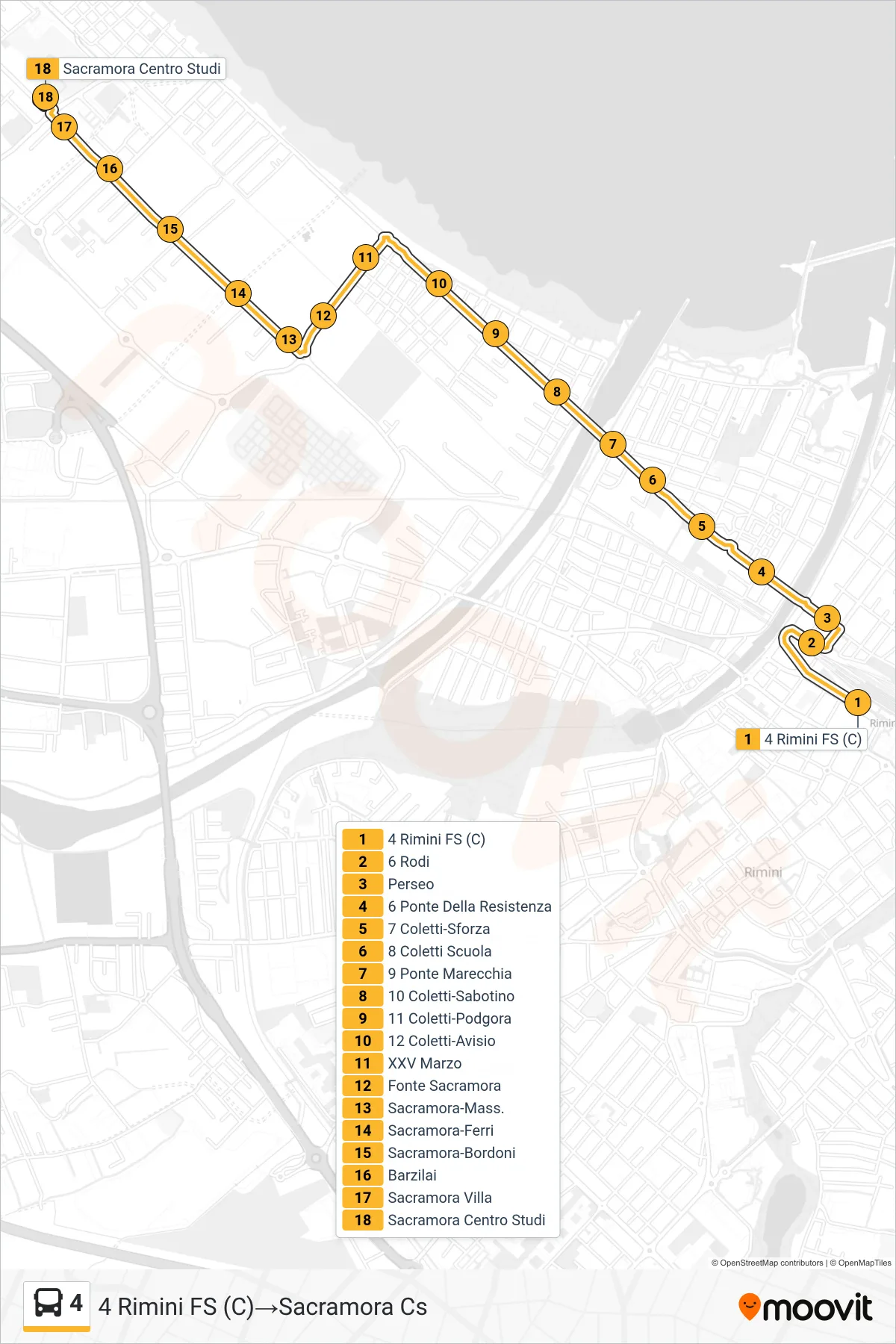 Linea 4 bus (4 Rimini FS (C)→Sacramora Cs) - Percorsi e fermate sulla mappa