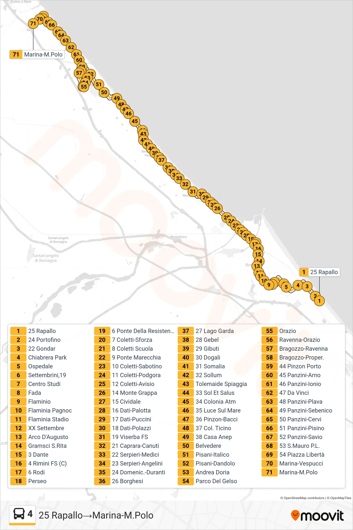 Linea 4 bus (25 Rapallo→Marina-M.Polo) - Percorsi e fermate sulla mappa