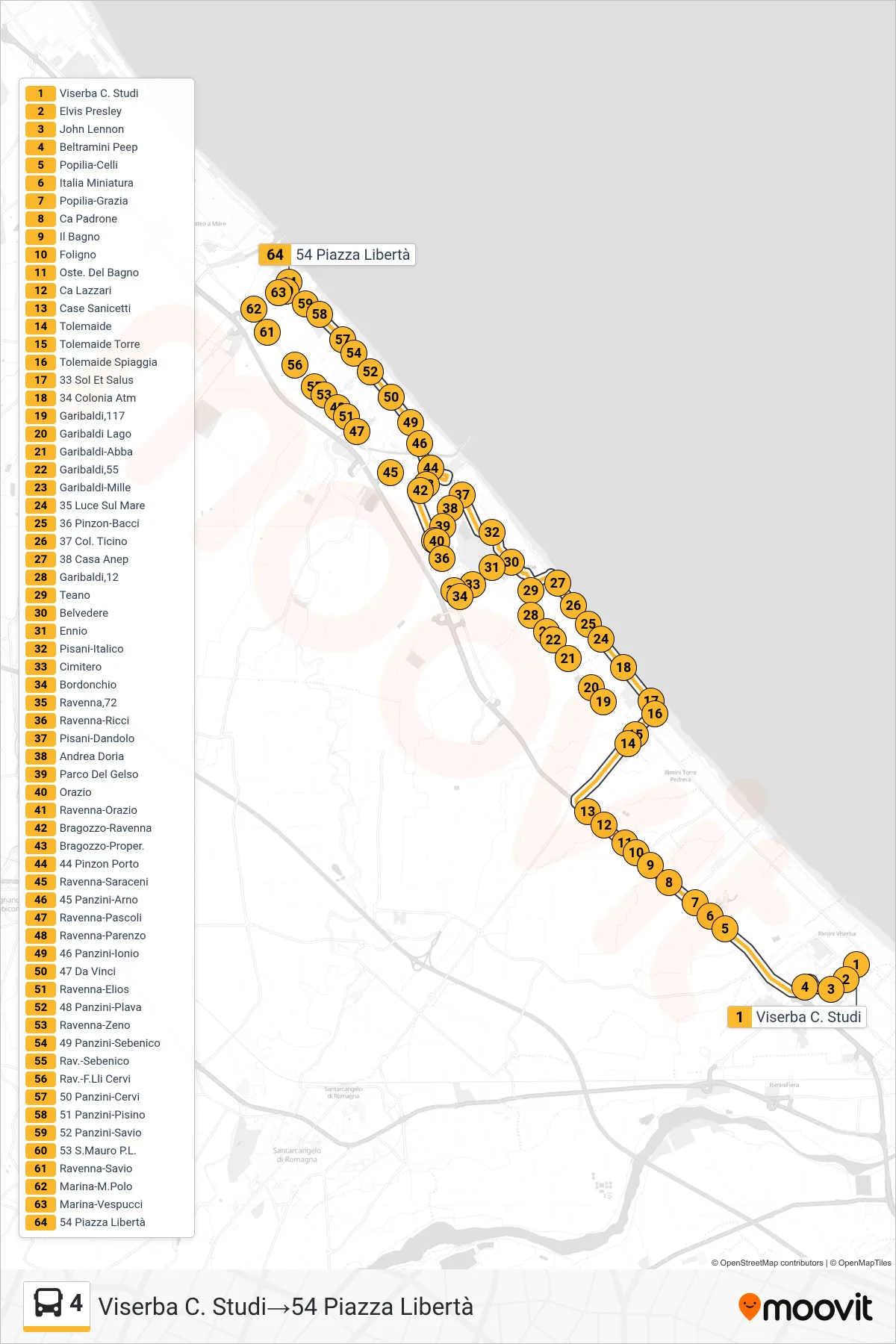 Linea 4  bus (Viserba C. Studi‎→54 Piazza Libertà) - Percorsi e fermate sulla mappa