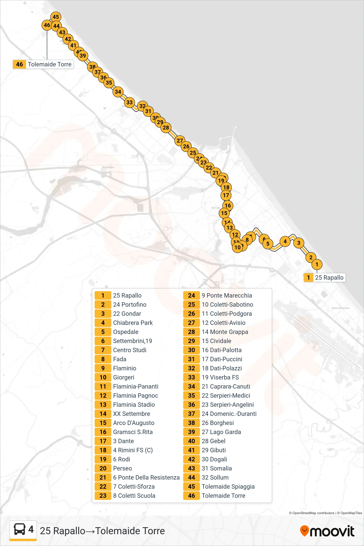Linea 4 bus (25 Rapallo→Tolemaide Torre) - Percorsi e fermate sulla mappa