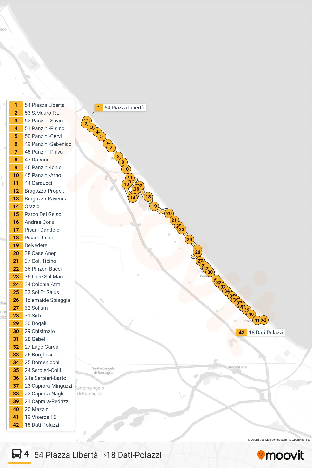 Linea 4 bus (54 Piazza Libertà→18 Dati-Polazzi) - Percorsi e fermate sulla mappa