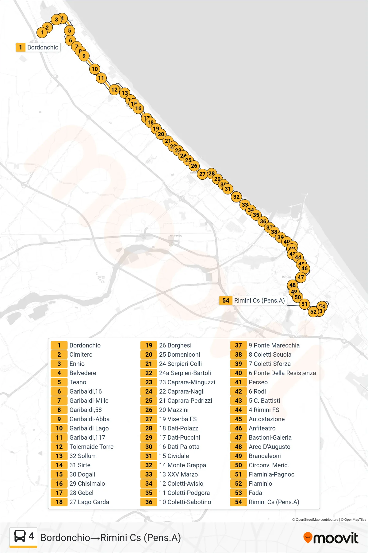 Linea 4  bus (Bordonchio‎→Rimini Cs (Pens.A)) - Percorsi e fermate sulla mappa