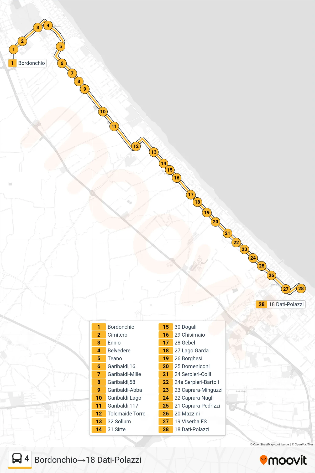 Linea 4  bus (Bordonchio‎→18 Dati-Polazzi) - Percorsi e fermate sulla mappa