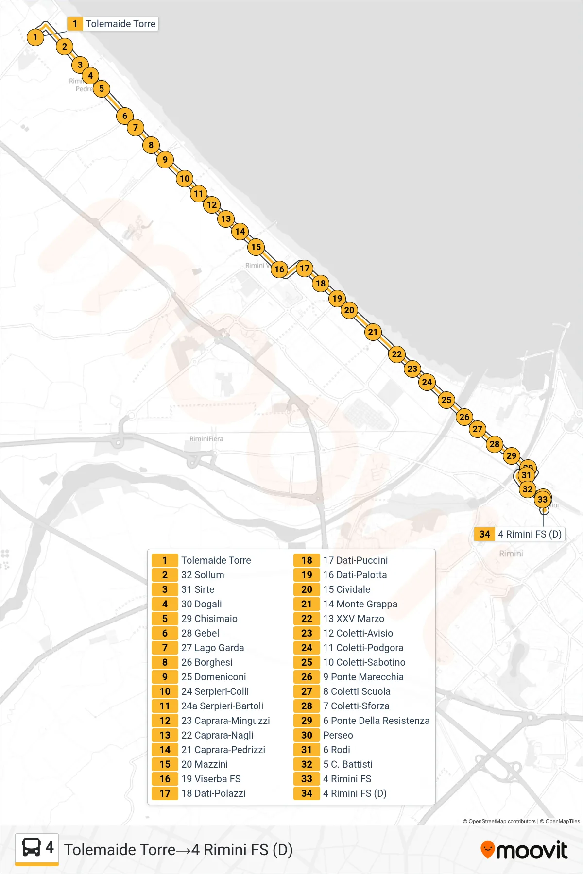 Linea 4  bus (Tolemaide Torre‎→4 Rimini FS (D)) - Percorsi e fermate sulla mappa