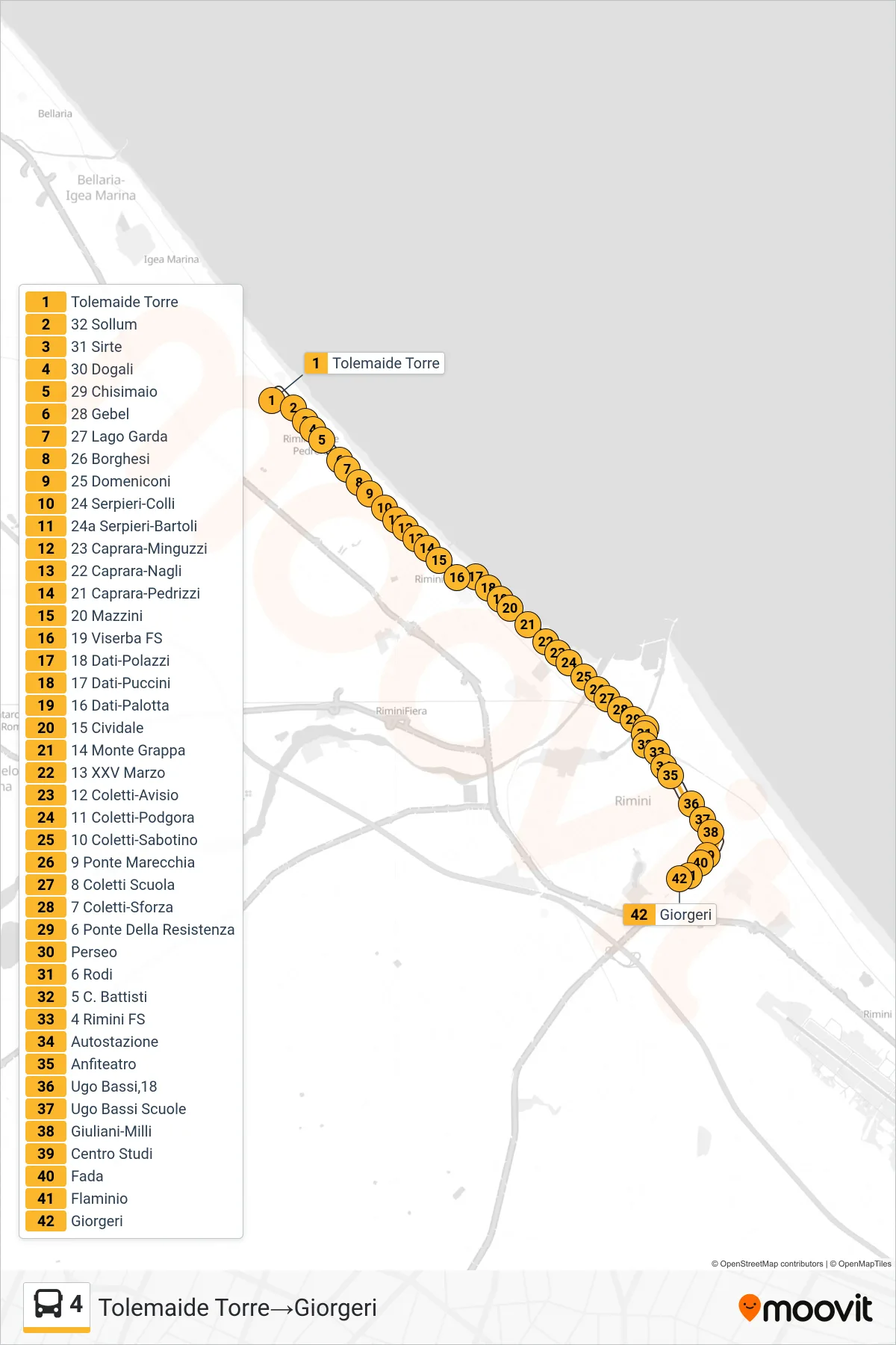 Linea 4  bus (Tolemaide Torre‎→Giorgeri) - Percorsi e fermate sulla mappa