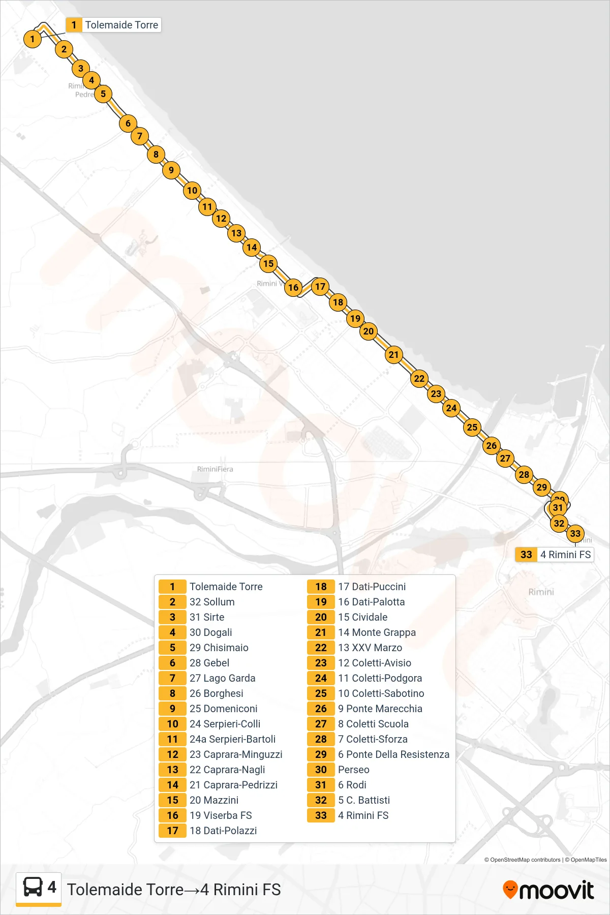 Linea 4 bus (Tolemaide Torre→4 Rimini FS) - Percorsi e fermate sulla mappa