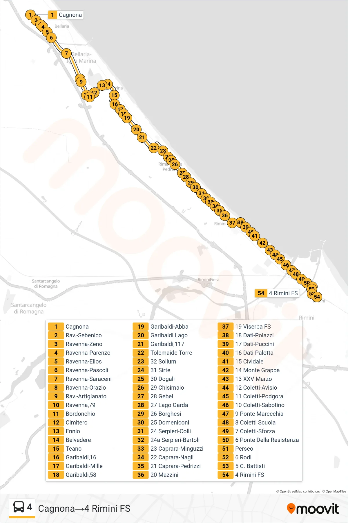 Linea 4 bus (Cagnona→4 Rimini FS) - Percorsi e fermate sulla mappa
