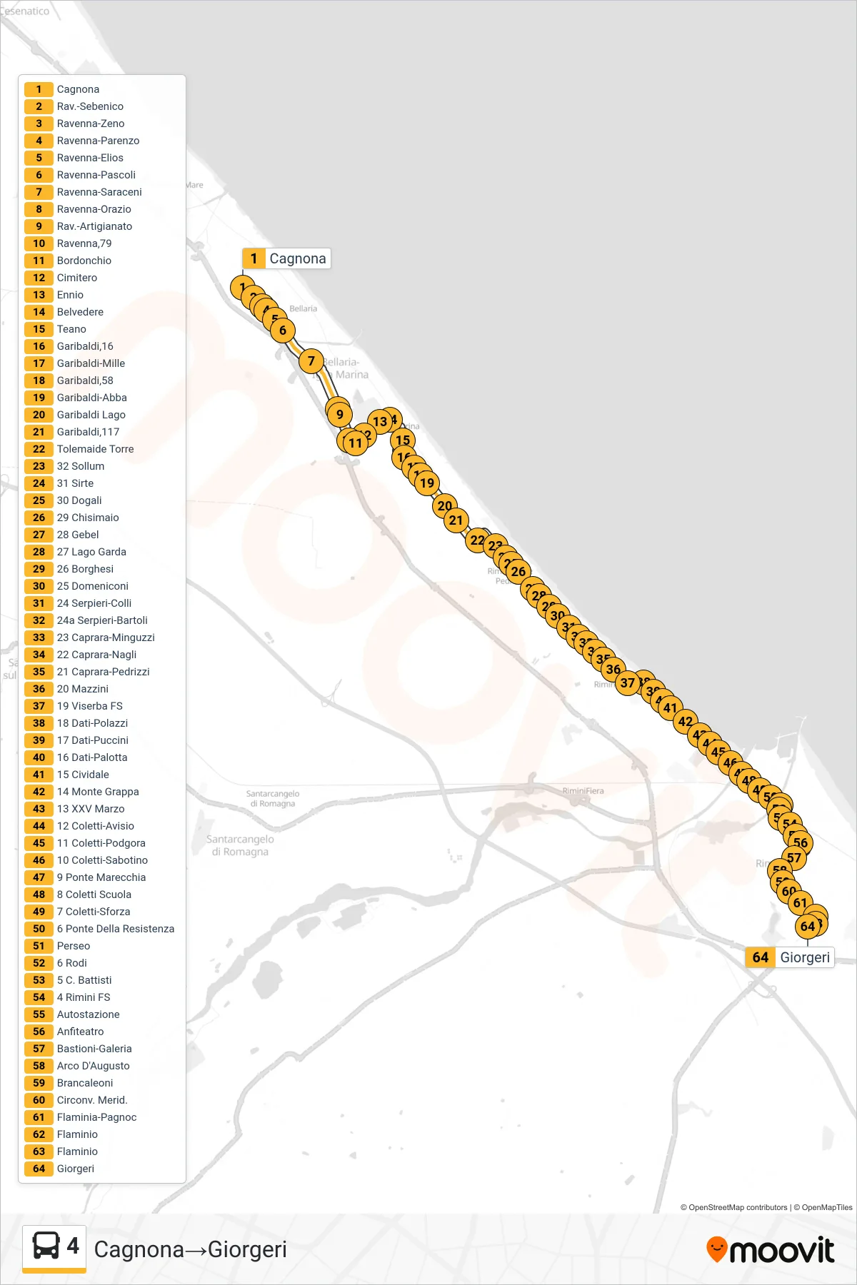 Linea 4  bus (Cagnona‎→Giorgeri) - Percorsi e fermate sulla mappa