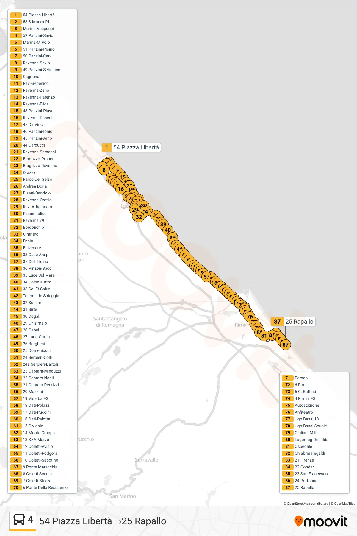 Linea 4 bus (54 Piazza Libertà→25 Rapallo) - Percorsi e fermate sulla mappa