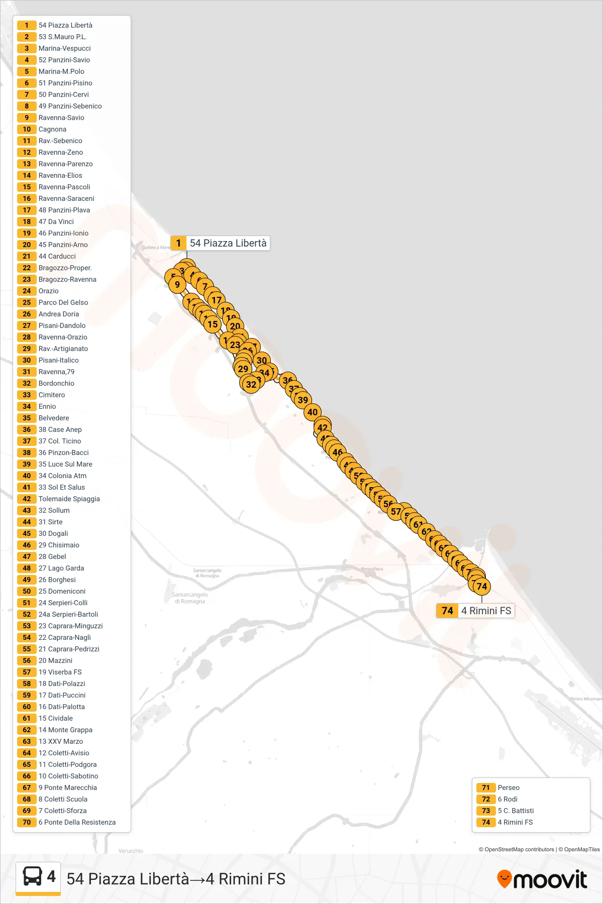 Linea 4  bus (54 Piazza Libertà‎→4 Rimini FS) - Percorsi e fermate sulla mappa