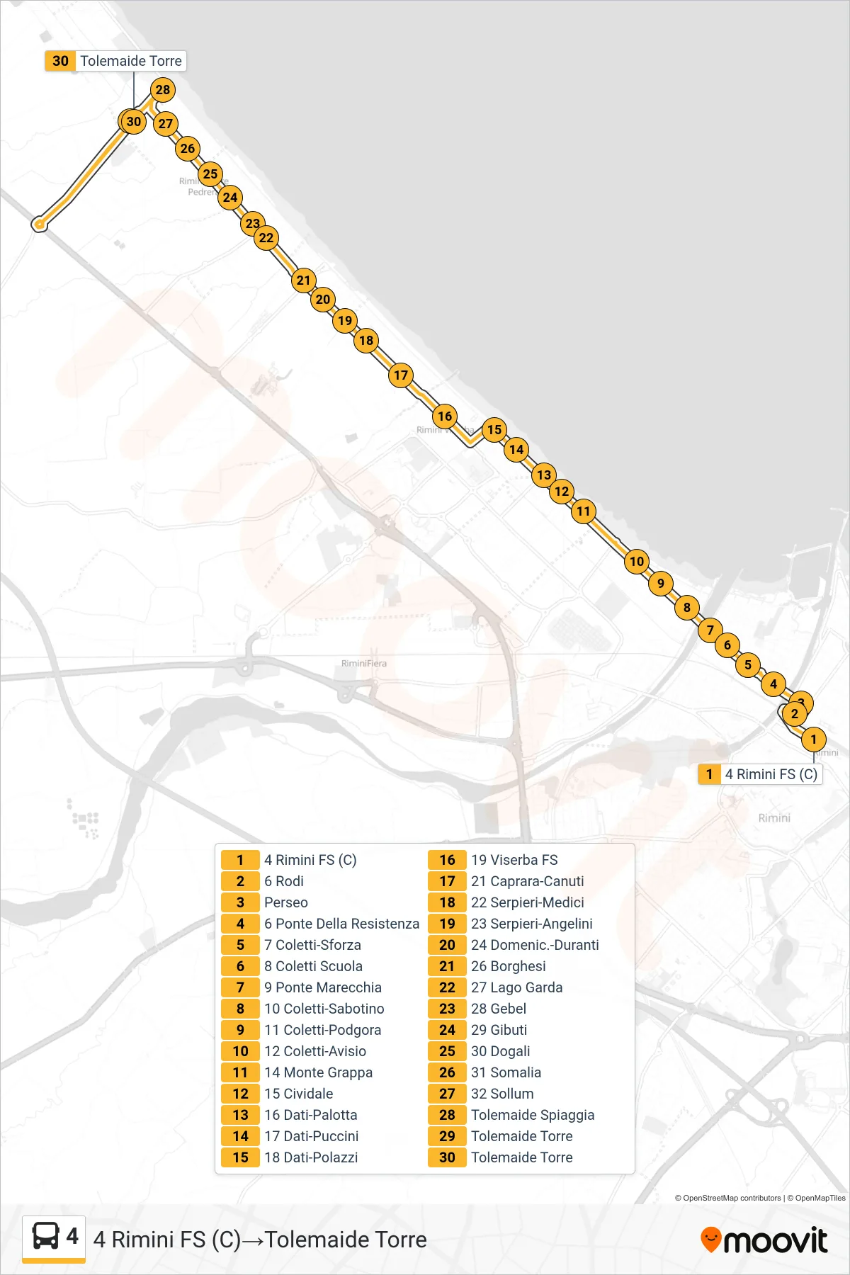 Linea 4  bus (4 Rimini FS (C)‎→Tolemaide Torre) - Percorsi e fermate sulla mappa