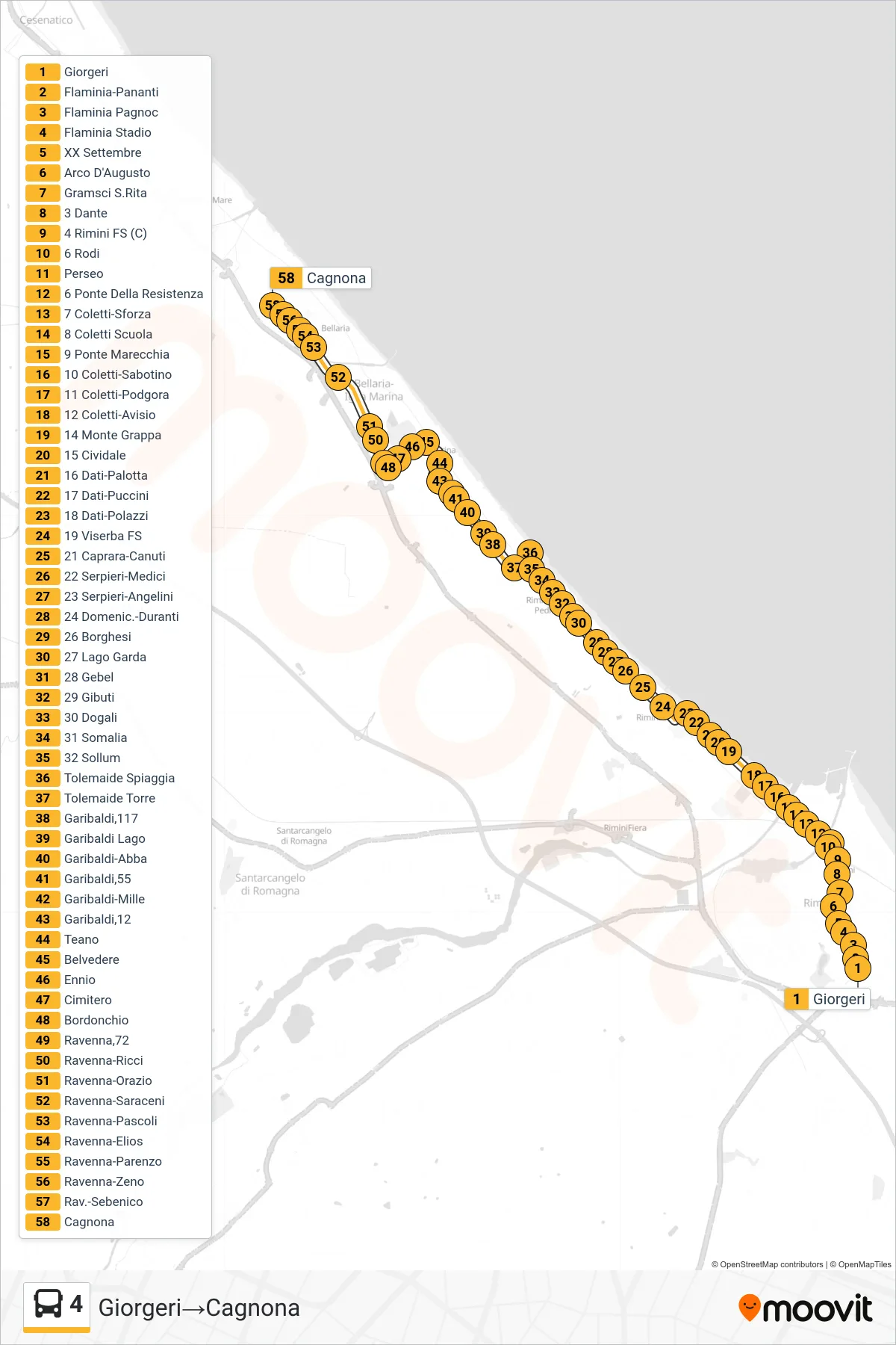Linea 4  bus (Giorgeri‎→Cagnona) - Percorsi e fermate sulla mappa