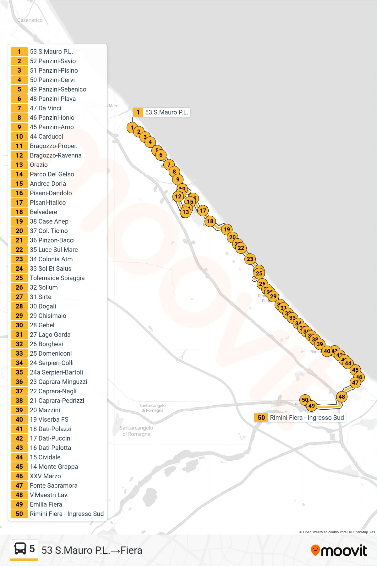 Linea 5 bus (53 S.Mauro P.L.→Fiera) - Percorsi e fermate sulla mappa