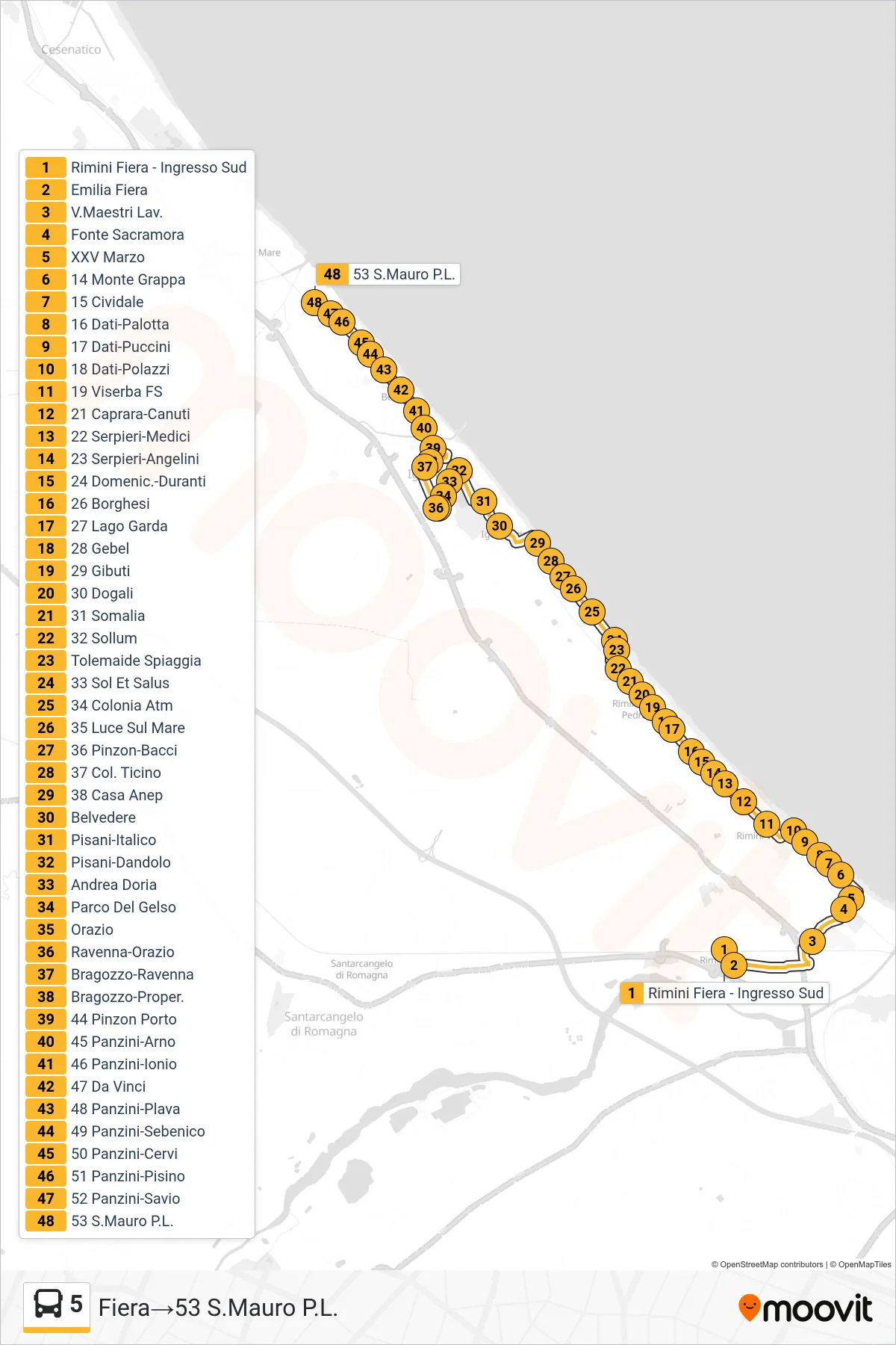 Linea 5  bus (Fiera‎→53 S.Mauro P.L.) - Percorsi e fermate sulla mappa