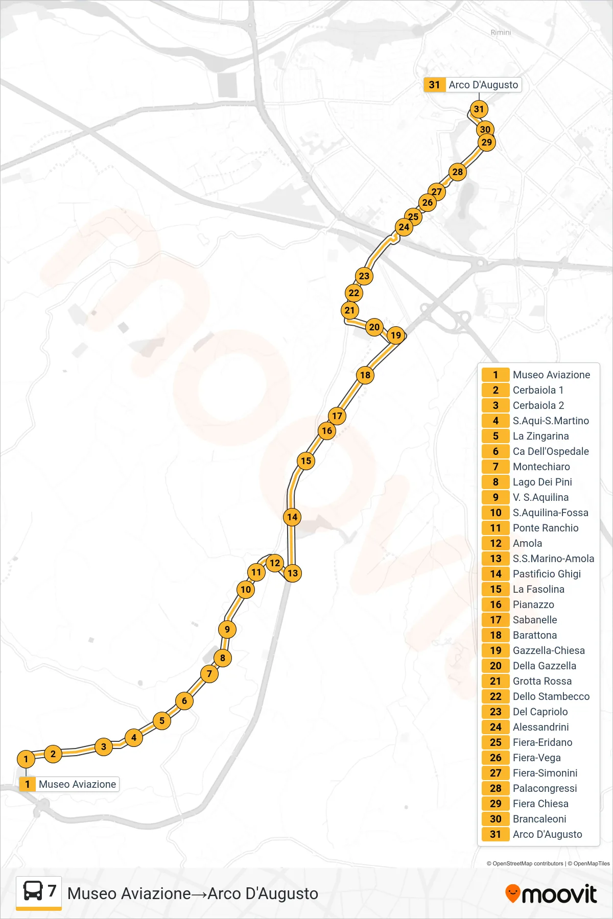 Linea 7  bus (Museo Aviazione‎→Arco D'Augusto) - Percorsi e fermate sulla mappa