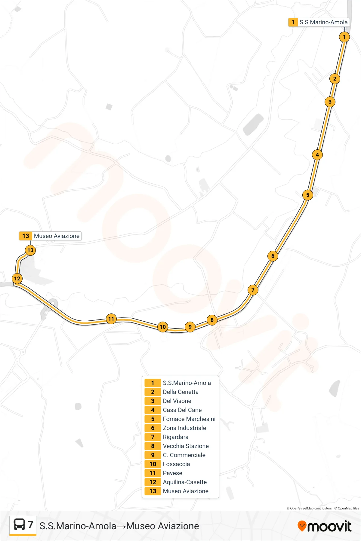 Linea 7 bus (S.S.Marino-Amola→Museo Aviazione) - Percorsi e fermate sulla mappa
