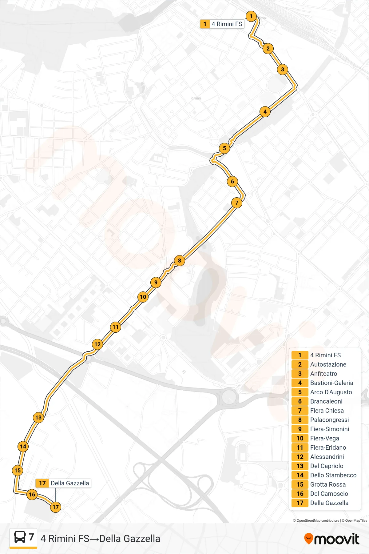 Linea 7 bus (4 Rimini FS→Della Gazzella) - Percorsi e fermate sulla mappa