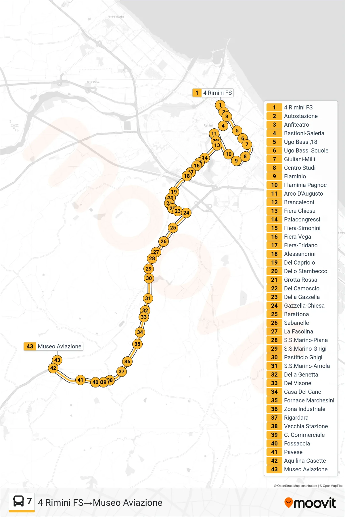 Linea 7  bus (4 Rimini FS‎→Museo Aviazione) - Percorsi e fermate sulla mappa