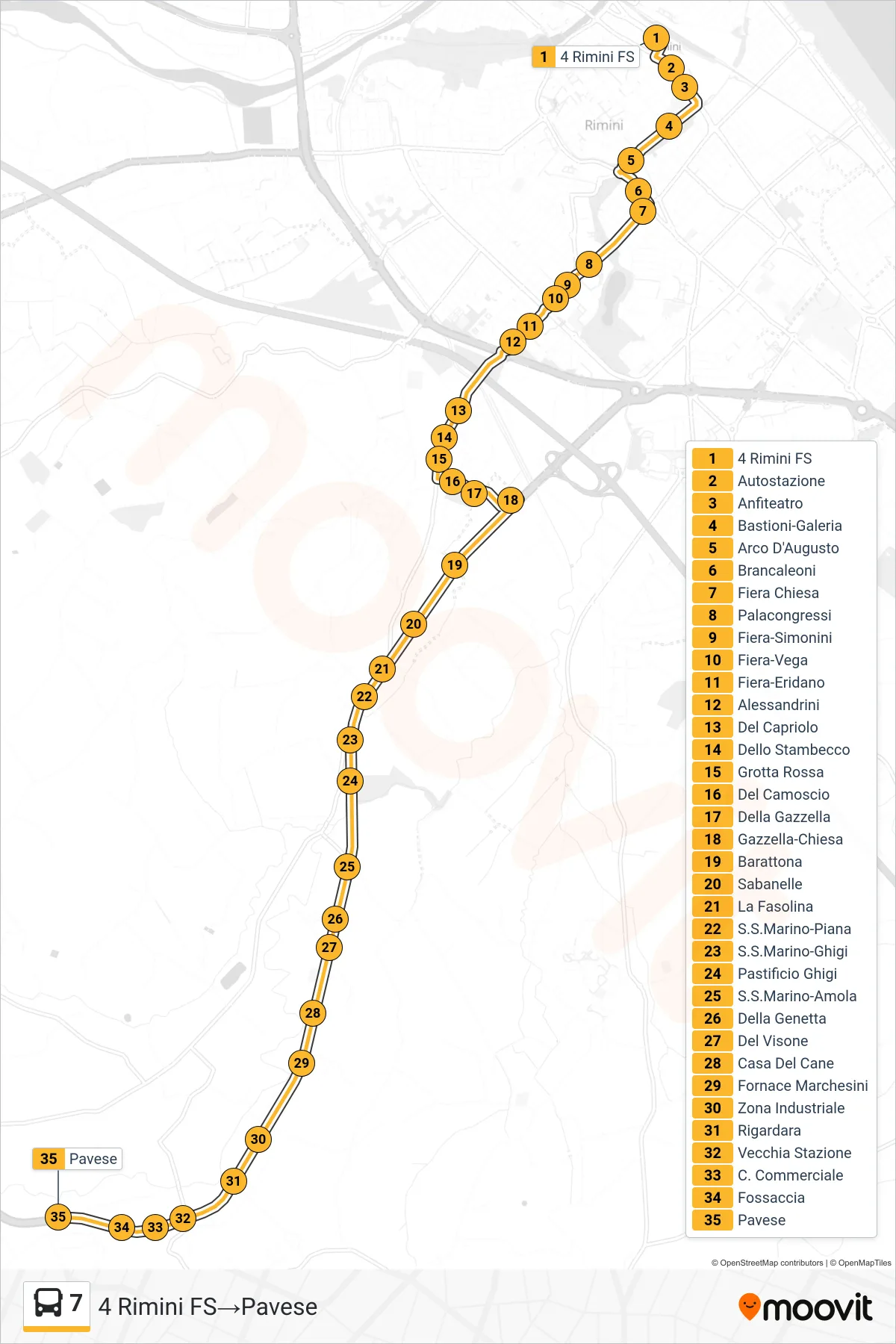 Linea 7 bus (4 Rimini FS→Pavese) - Percorsi e fermate sulla mappa