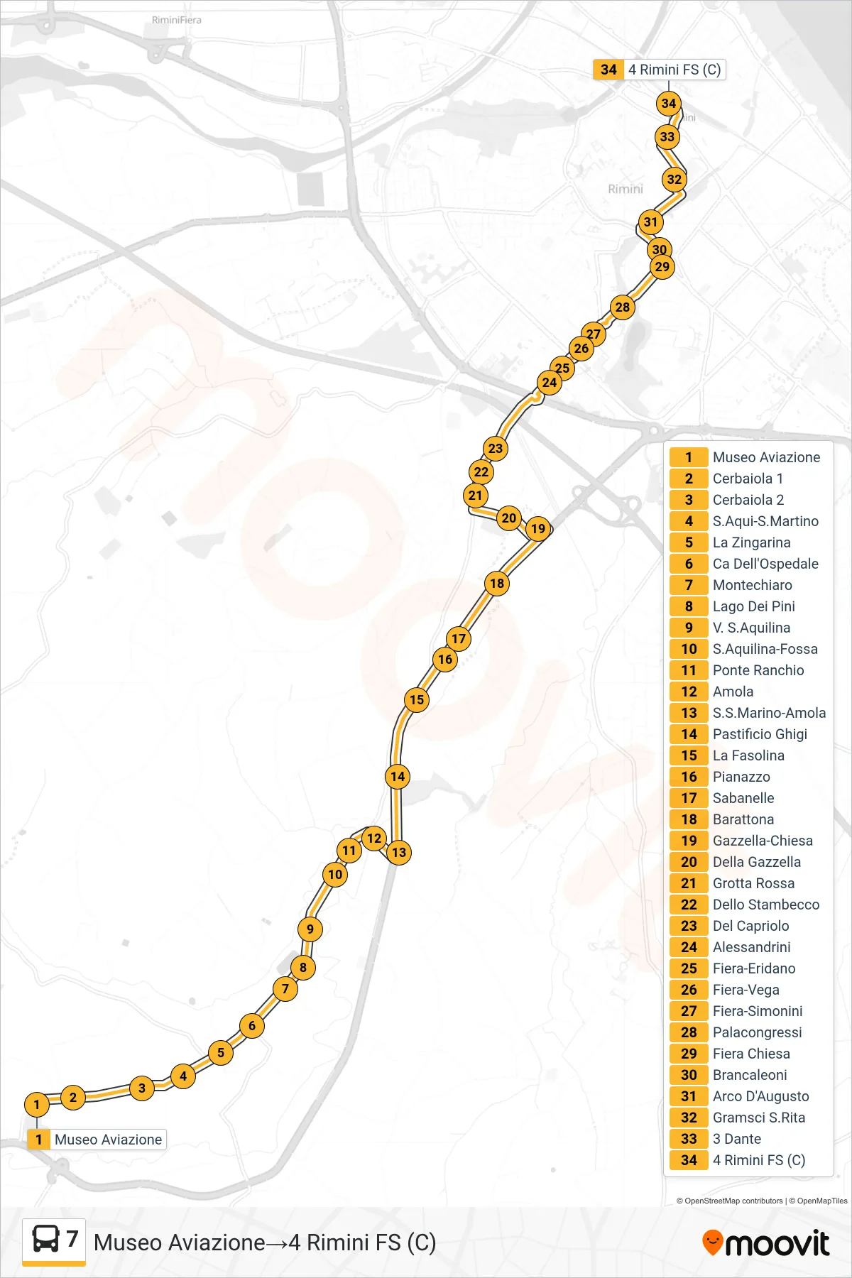 Linea 7  bus (Museo Aviazione‎→4 Rimini FS (C)) - Percorsi e fermate sulla mappa