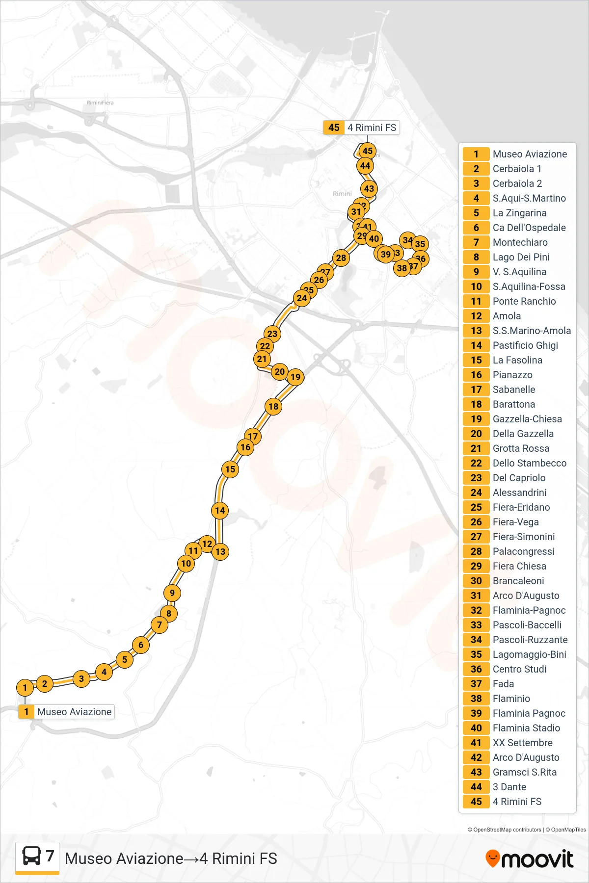 Linea 7 bus (Museo Aviazione→4 Rimini FS) - Percorsi e fermate sulla mappa