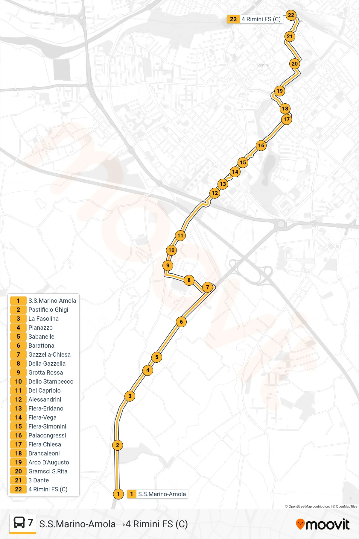Linea 7  bus (S.S.Marino-Amola‎→4 Rimini FS (C)) - Percorsi e fermate sulla mappa