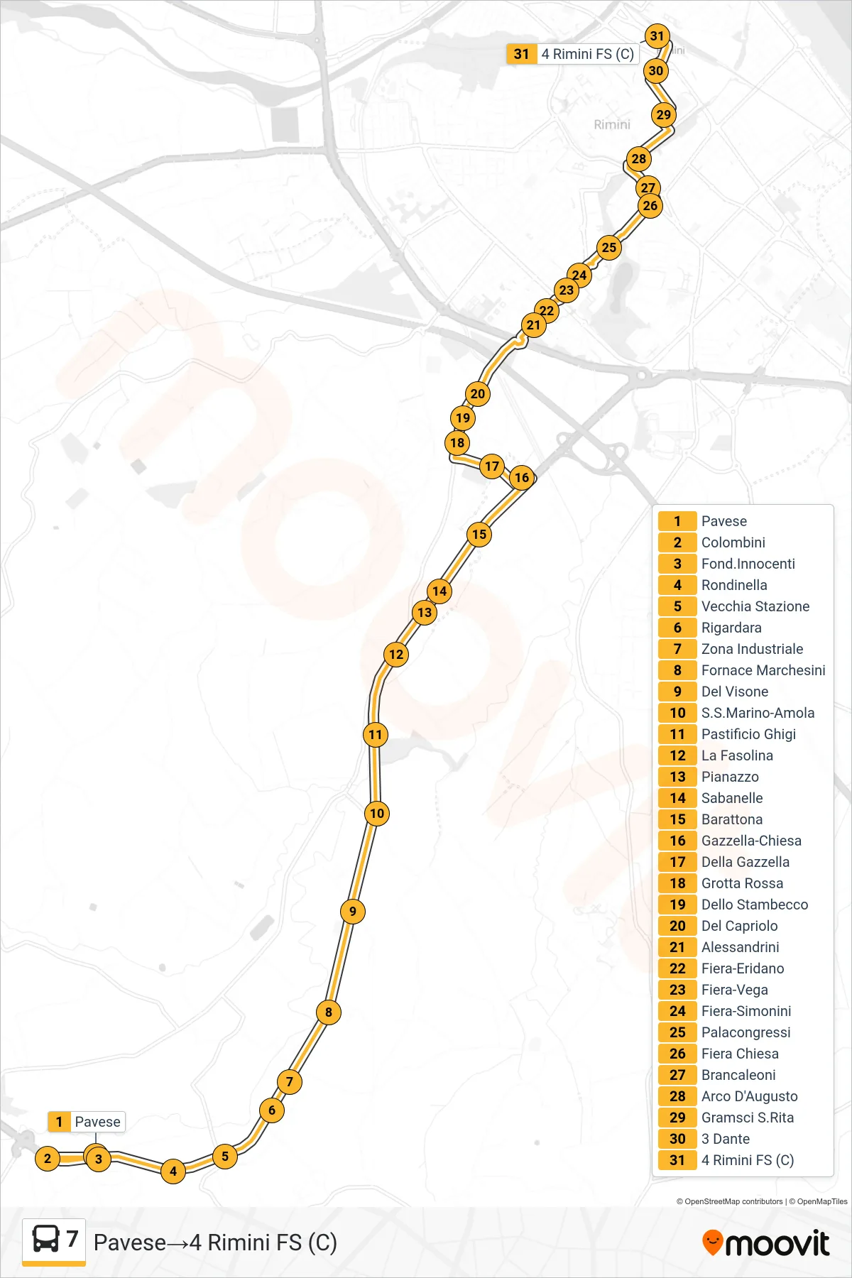 Linea 7 bus (Pavese→4 Rimini FS (C)) - Percorsi e fermate sulla mappa