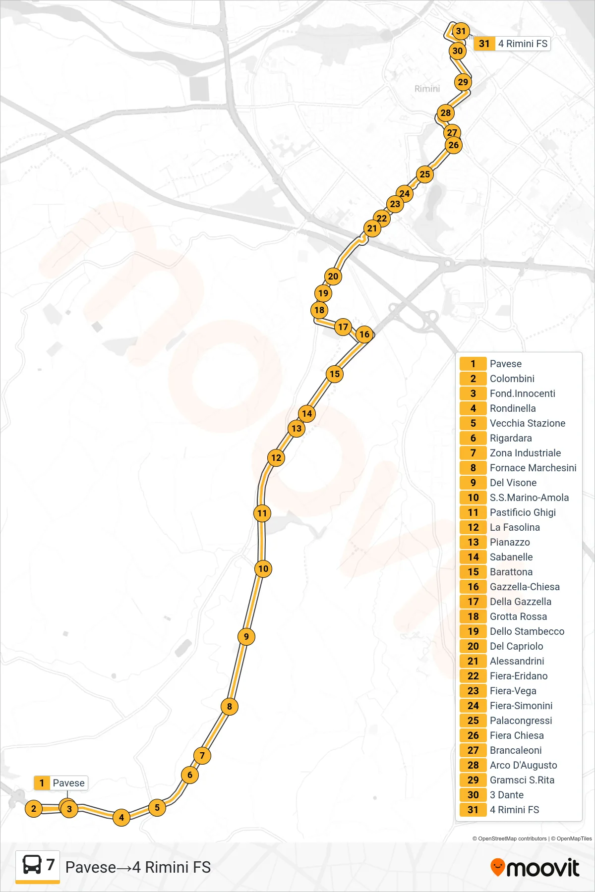 Linea 7  bus (Pavese‎→4 Rimini FS) - Percorsi e fermate sulla mappa
