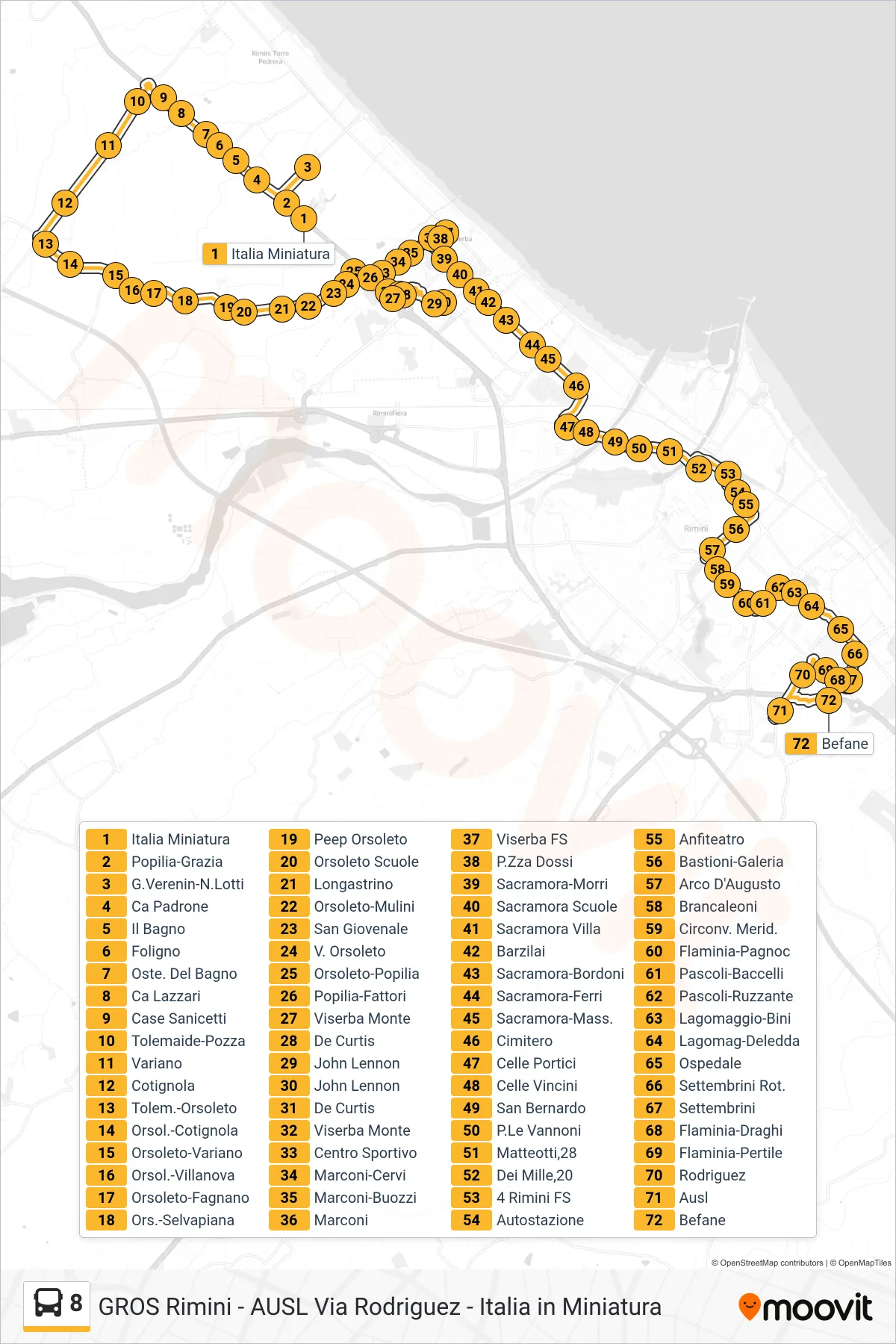 Linea 8 bus (Italia Miniatura→Befane) - Percorsi e fermate sulla mappa