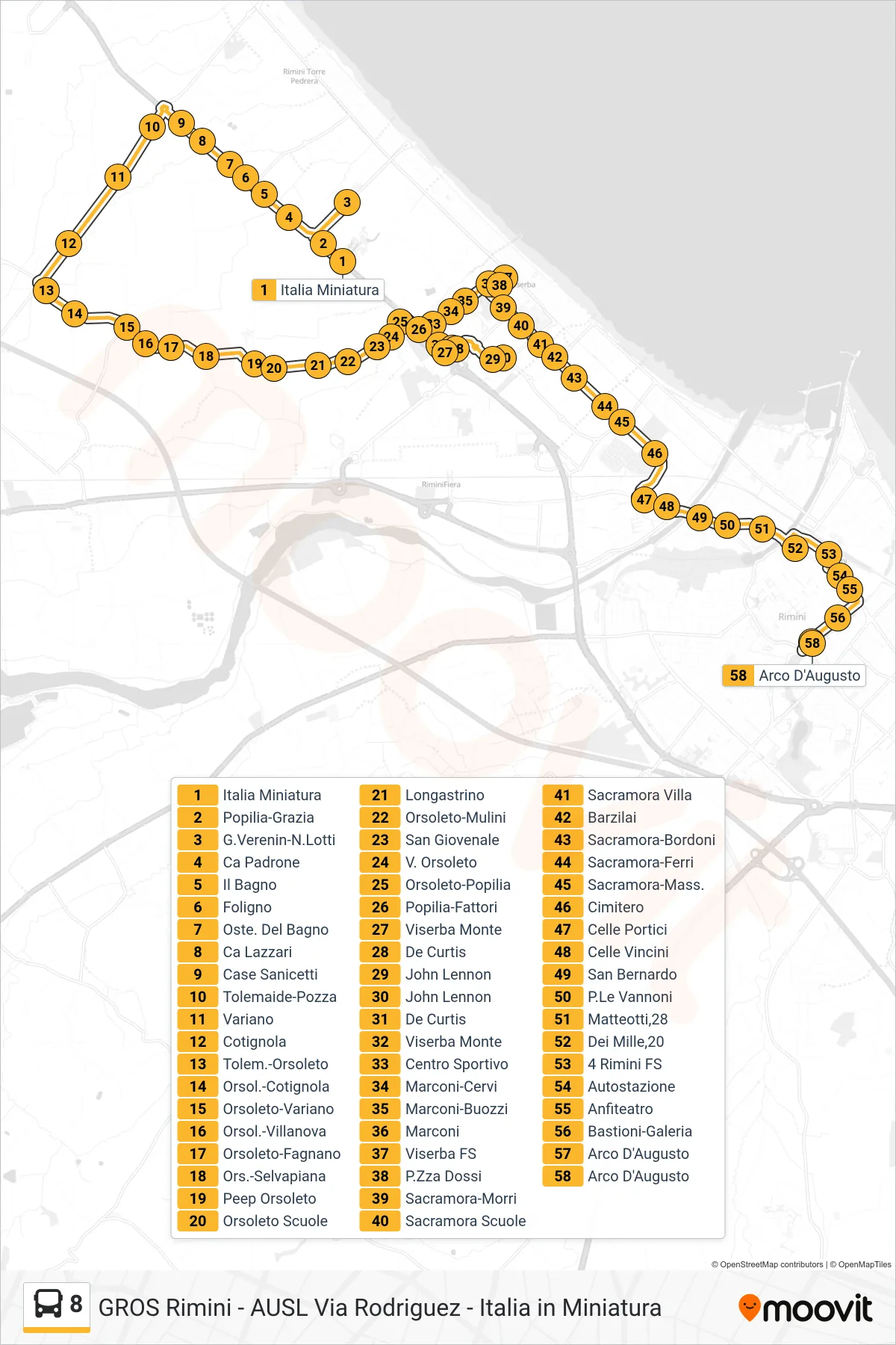 Linea 8  bus (Italia Miniatura‎→Arco D'Augusto) - Percorsi e fermate sulla mappa
