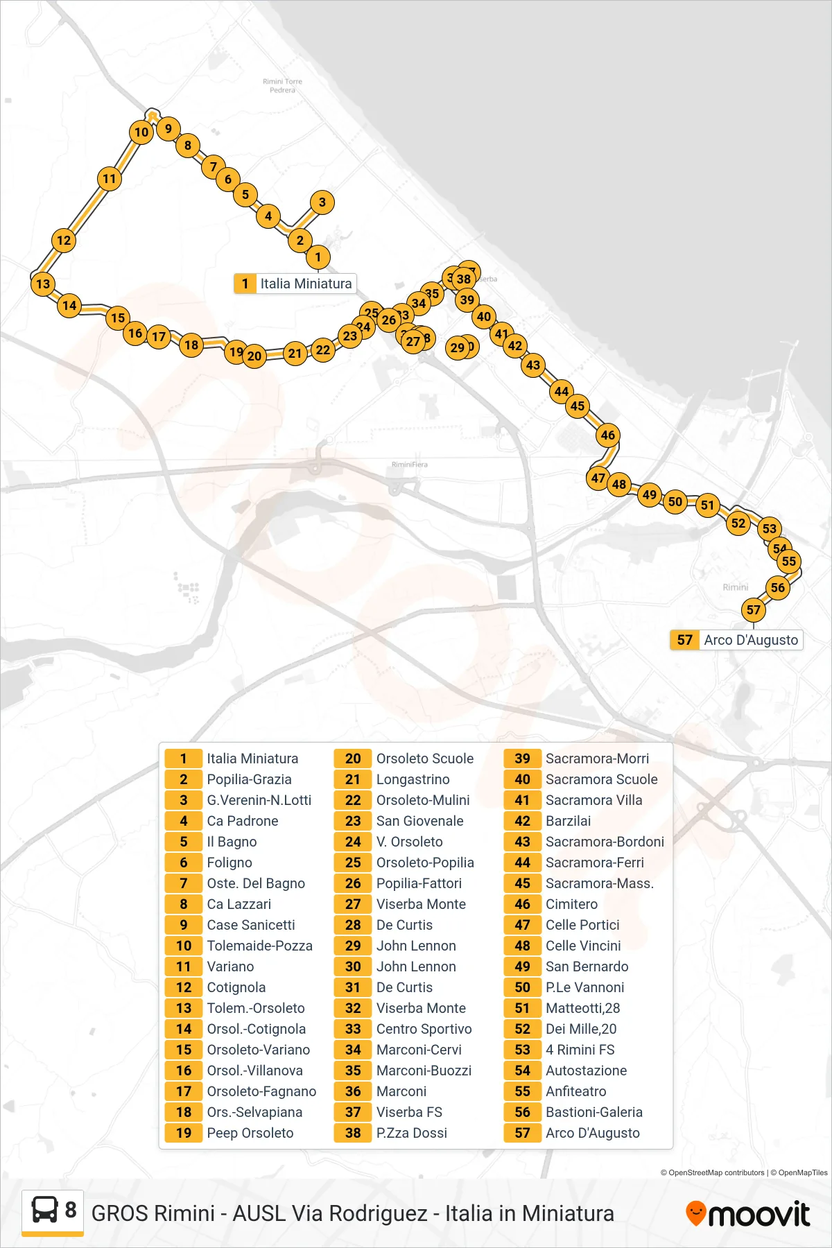 Linea 8 bus (Italia Miniatura→Arco D'Augusto) - Percorsi e fermate sulla mappa