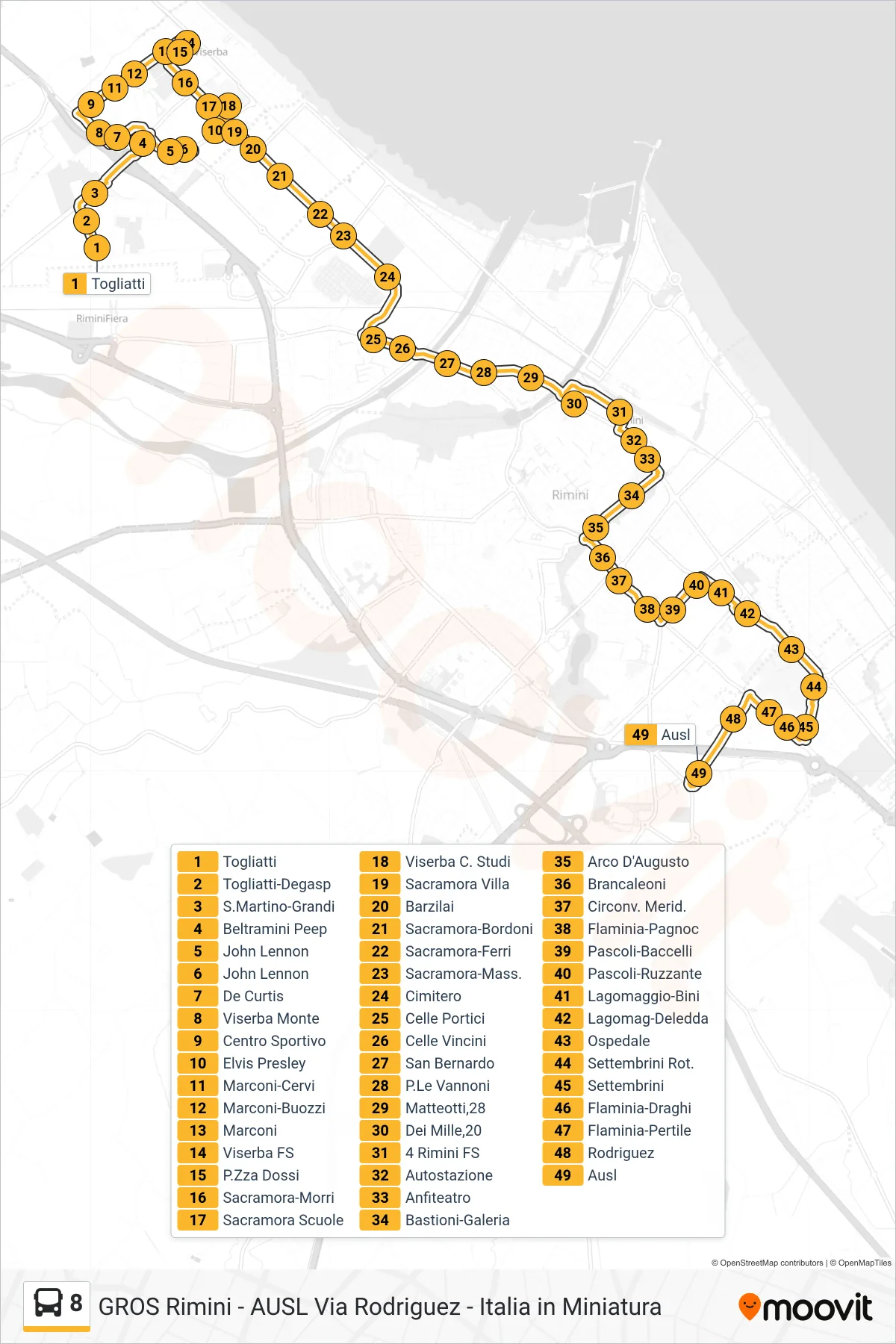 Linea 8  bus (Togliatti‎→Ausl) - Percorsi e fermate sulla mappa