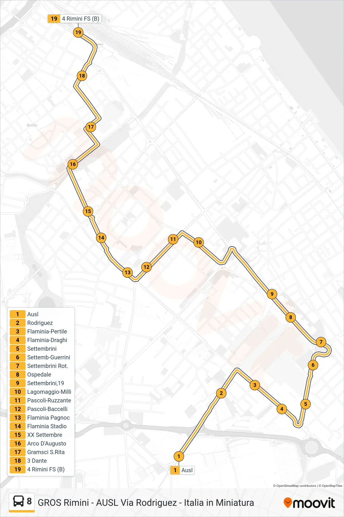 Linea 8  bus (Ausl‎→4 Rimini FS (B)) - Percorsi e fermate sulla mappa