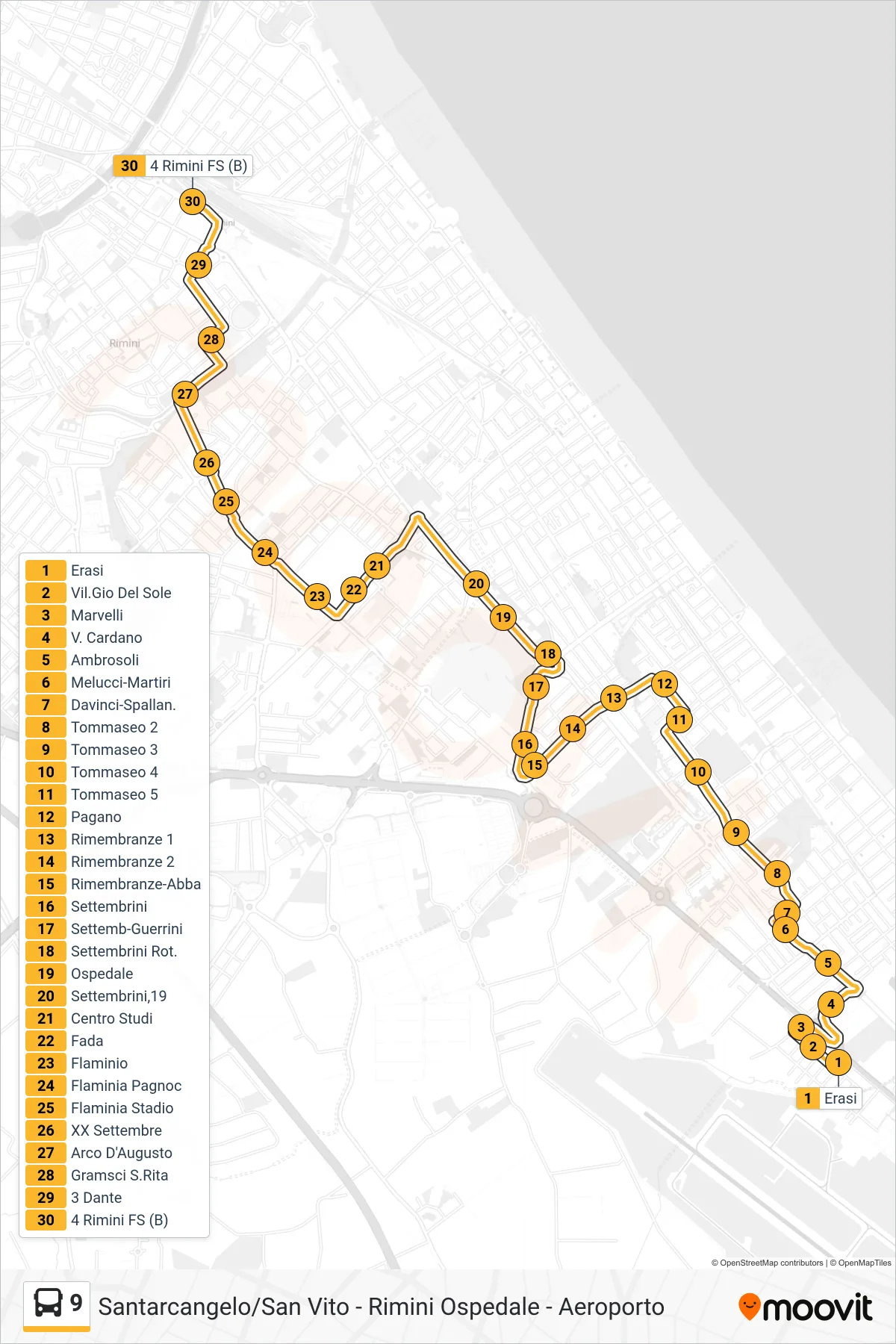 Linea 9 bus (Erasi→4 Rimini FS (B)) - Percorsi e fermate sulla mappa