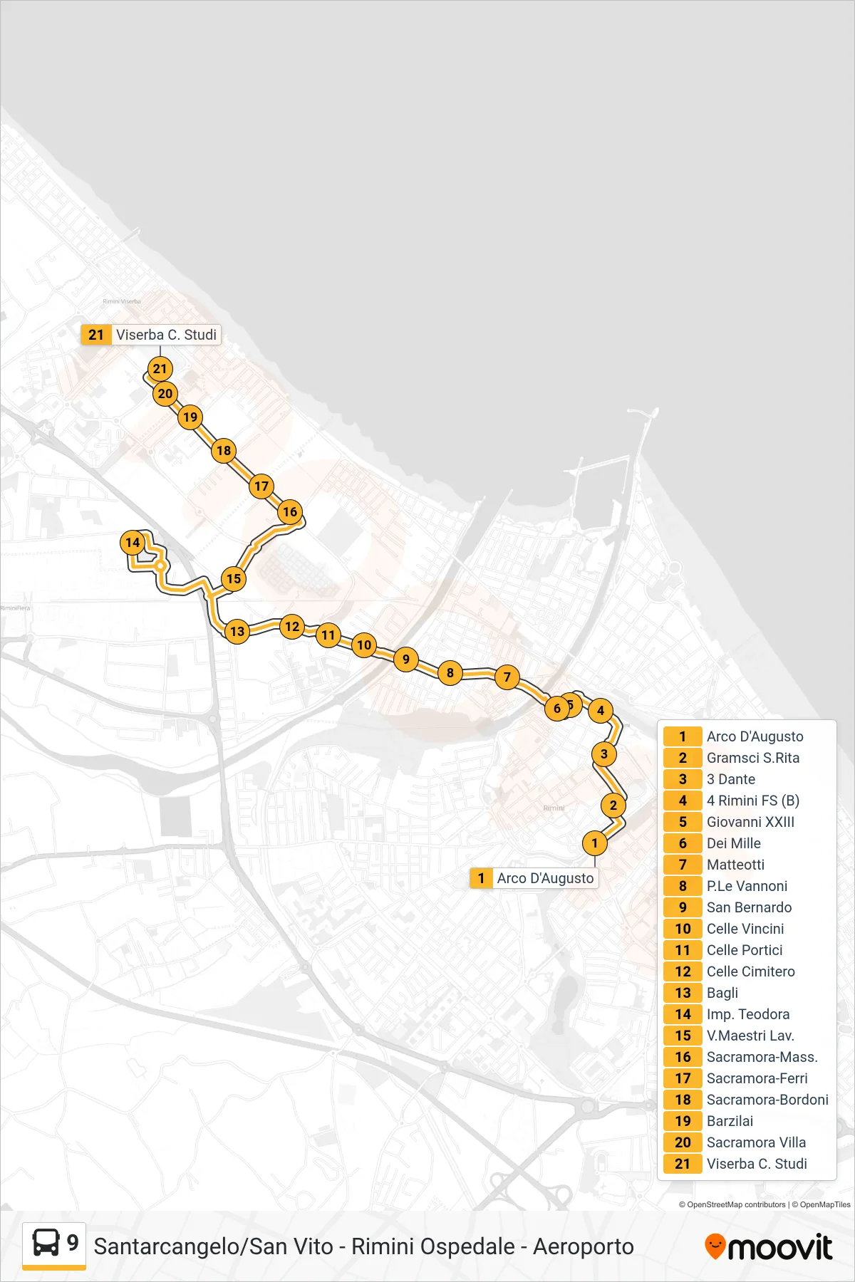 Linea 9  bus (Arco D'Augusto‎→Viserba C. Studi) - Percorsi e fermate sulla mappa