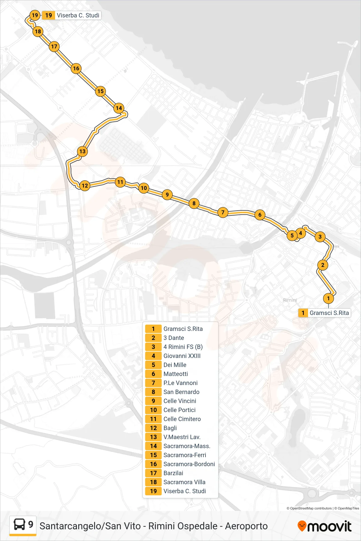 Linea 9  bus (Gramsci S.Rita‎→Viserba C. Studi) - Percorsi e fermate sulla mappa