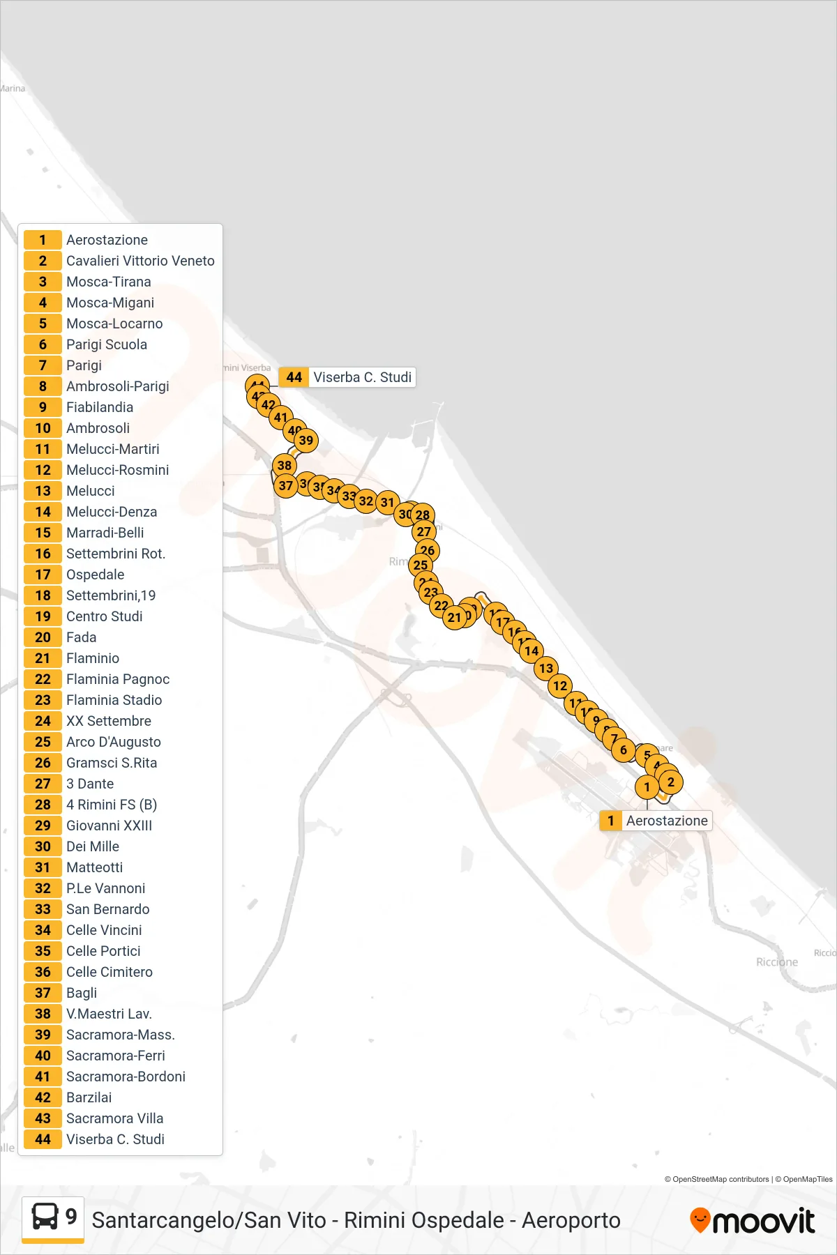 Linea 9 bus (Aerostazione→Viserba C. Studi) - Percorsi e fermate sulla mappa
