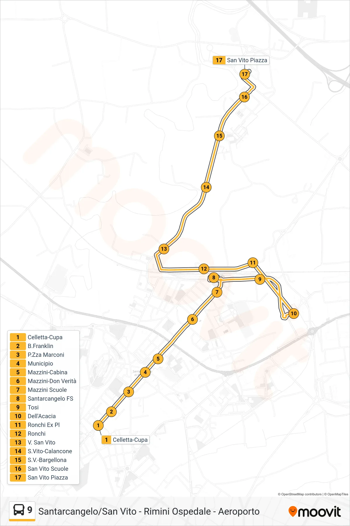 Linea 9 bus (Celletta-Cupa→San Vito Piazza) - Percorsi e fermate sulla mappa