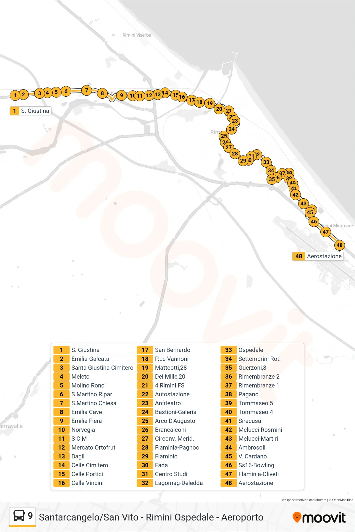 Linea 9 bus (S. Giustina→Aerostazione) - Percorsi e fermate sulla mappa
