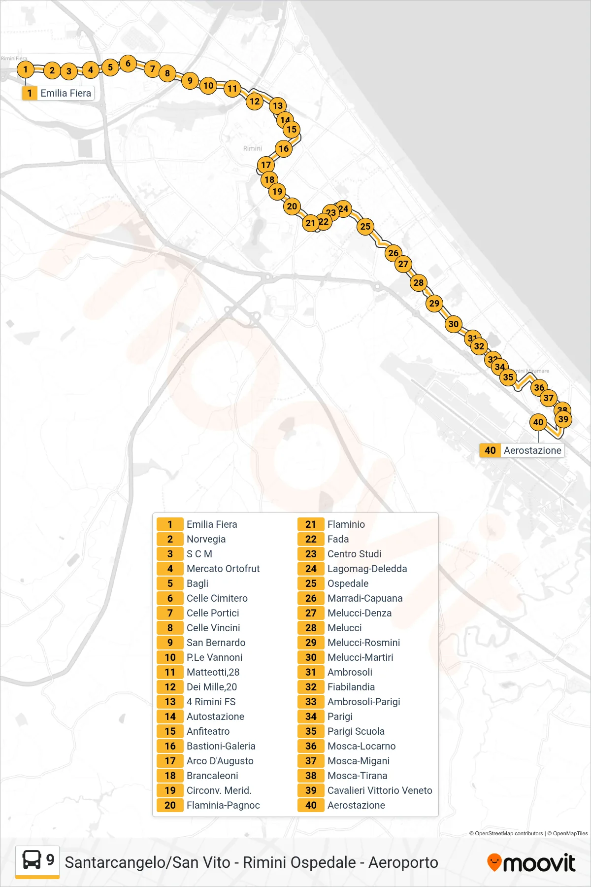 Linea 9  bus (Emilia Fiera‎→Aerostazione) - Percorsi e fermate sulla mappa