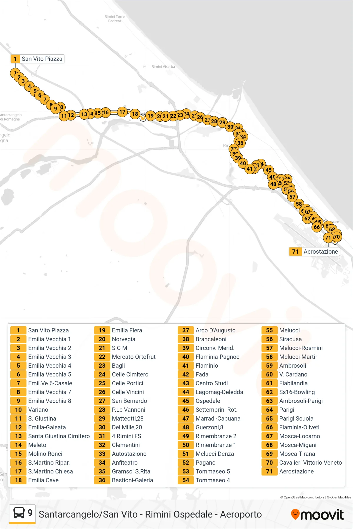 Linea 9  bus (San Vito Piazza‎→Aerostazione) - Percorsi e fermate sulla mappa