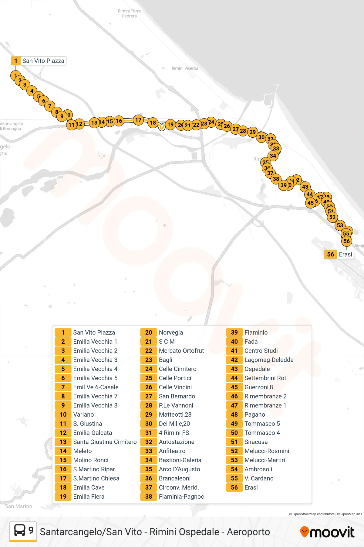 Linea 9 bus (San Vito Piazza→Erasi) - Percorsi e fermate sulla mappa