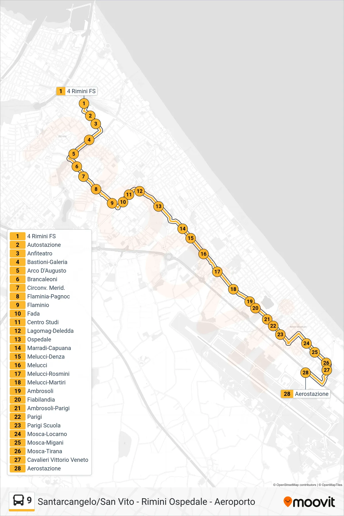 Linea 9 bus (4 Rimini FS→Aerostazione) - Percorsi e fermate sulla mappa