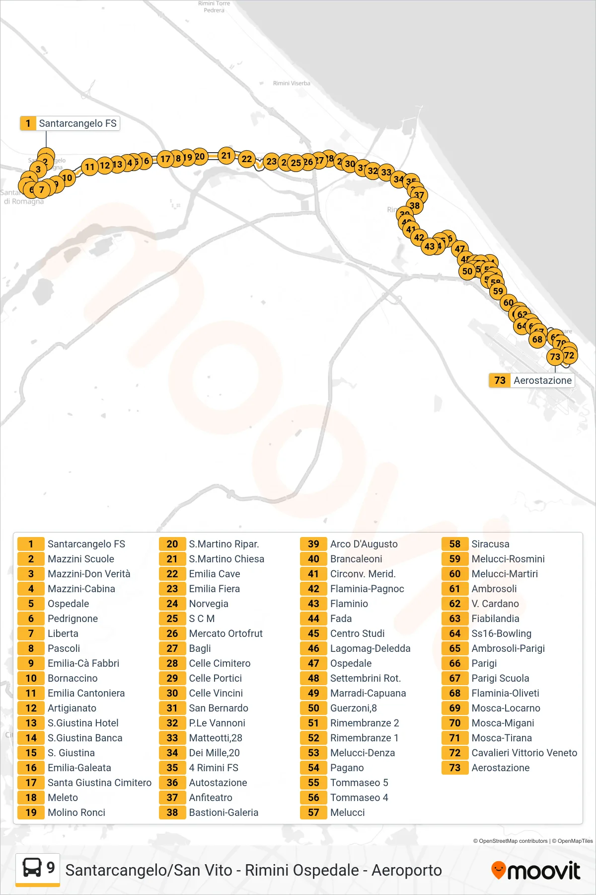 Linea 9 bus (Santarcangelo FS→Aerostazione) - Percorsi e fermate sulla mappa