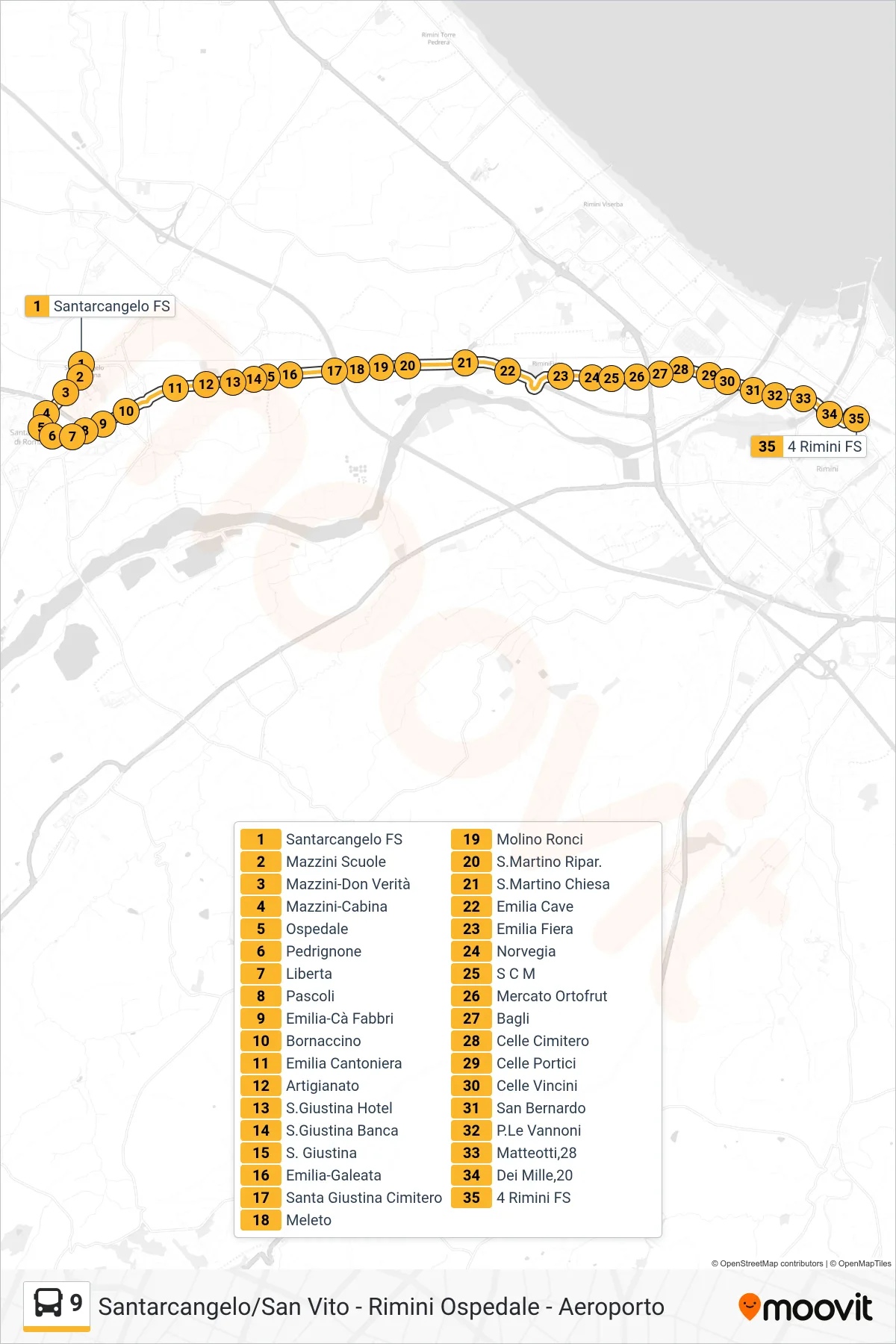 Linea 9 bus (Santarcangelo FS→4 Rimini FS) - Percorsi e fermate sulla mappa